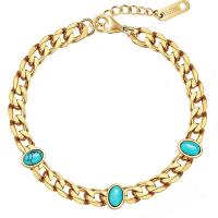 Stainless Steel Chain Bracelets, 304 Stainless Steel, with turquoise, with 1.7inch extender chain, Vacuum Plating & for woman, gold Approx 6.3 Inch 
