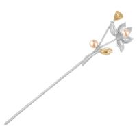 Hair Stick, Brass, with Plastic Pearl, Flower, plated, for woman 