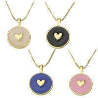 Brass Jewelry Necklace, Flat Round, gold color plated, with heart pattern & for woman & enamel Approx 17.5 Inch 