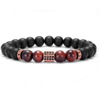 Gemstone Bracelets, Abrazine Stone, with Red Tiger Eye Stone & Brass, Round, plated, Unisex & anti-fatigue & micro pave cubic zirconia 8mm Approx 7.48 Inch 
