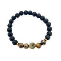 Lava Bead Bracelet, with Tiger Eye & Brass, Round, gold color plated, Unisex & micro pave cubic zirconia, mixed colors, 8mm Approx 7.48 Inch 