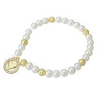 Pulseras de perlas plásticas, metal, con Perlas plásticas, chapado en color dorado, micro arcilla de zirconia cúbica & para mujer, Blanco, longitud:aproximado 7 Inch, Vendido por UD