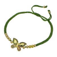 Cubic Zirconia Micro Pave Brass Bracelet, with Polyester Cord, Butterfly, gold color plated, Adjustable & micro pave cubic zirconia & for woman, green Approx 11 Inch 