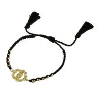 Cubic Zirconia Micro Pave Brass Bracelet, with Polyester Cord, gold color plated, Adjustable & micro pave cubic zirconia & for woman & hollow, black Approx 11 Inch 