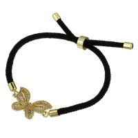 Cubic Zirconia Micro Pave Brass Bracelet, with Polyester Cord, Butterfly, gold color plated, Adjustable & micro pave cubic zirconia & for woman, black Approx 8 Inch 
