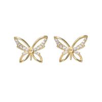 Brass Earring Stud Component, Butterfly, gold color plated, DIY & micro pave cubic zirconia, golden 