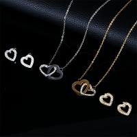 Rhinestone stainless steel Jewelry Set, 304 Stainless Steel, Stud Earring & necklace, with 1.97inch extender chain, Heart, Vacuum Ion Plating, 2 pieces & fashion jewelry & for woman & with rhinestone 18mm,15mm Approx 17.72 Inch 
