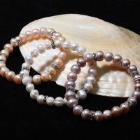 Cultured Freshwater Pearl Brass Bracelet, with Brass, Round, silver color plated, for woman & with rhinestone 8-9mm .09 Inch 
