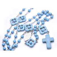 Rosary Necklace, Zinc Alloy, with turquoise, Cross, silver color plated, Unisex, blue .46 Inch 