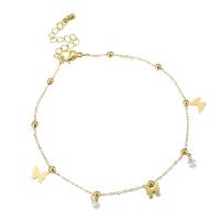 Stainless Steel Charm Bracelet, 304 Stainless Steel, Butterfly, Vacuum Ion Plating, fashion jewelry & for woman & with rhinestone, golden, 7*7mm,1mm Approx 10.5 Inch 