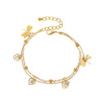 Brass Anklet, with 2inch extender chain, Rose, plated, Double Layer & for woman & with rhinestone Approx 7.8 Inch 