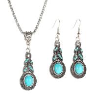 Turquoise Zinc Alloy Jewelry Sets, earring & necklace, with turquoise, with 1.57inch extender chain, antique silver color plated, 2 pieces & Bohemian style & for woman, 55mm, 50mm Approx 26.3 Inch 