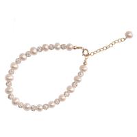 Cultured Freshwater Pearl Bracelets, 925 Sterling Silver, with Freshwater Pearl, gold color plated, for woman & with rhinestone Approx 7.6 Inch 