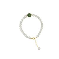 Cultured Freshwater Pearl Bracelets, with 925 Sterling Silver & Hetian Jade, gold color plated, for woman & with rhinestone Approx 7.6 Inch 