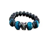 Gemstone Bracelets, Black Agate, with Tiger Eye & Zinc Alloy, Round, gun black plated, fashion jewelry & Unisex & micro pave cubic zirconia 12mm Approx 7.48 Inch 