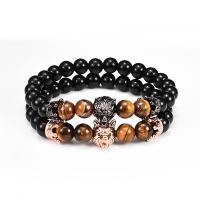 Gemstone Bracelets, Black Agate, with Tiger Eye & Brass, Round, plated, fashion jewelry & Unisex & micro pave cubic zirconia 8mm Approx 7.48 Inch 