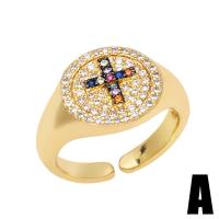 Brass Cuff Finger Ring, Round, gold color plated & micro pave cubic zirconia, mixed colors, 13mm 