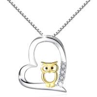 Sterling Silver Jewelry Necklace, 925 Sterling Silver, with 2inch extender chain, Owl, plated & for woman & with rhinestone & hollow Approx 15.7 Inch 