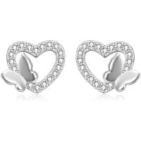 Sterling Silver Stud Earring, Argent sterling 925, coeur, Plaqué de platine, pour femme & avec strass & creux Vendu par paire