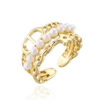 Brass Finger Ring, with Plastic Pearl, 18K gold plated, Adjustable & for woman, 18mm 