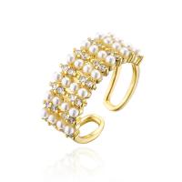 Cubic Zirconia Micro Pave Brass Finger Ring, with Plastic Pearl, gold color plated, Adjustable & micro pave cubic zirconia & for woman, 18mm 