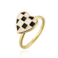 Brass Finger Ring, Heart, gold color plated, Adjustable & for woman & enamel, white and black, 18mm 