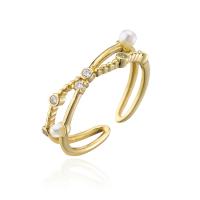 Cubic Zirconia Micro Pave Brass Finger Ring, with Plastic Pearl, gold color plated, Adjustable & micro pave cubic zirconia & for woman & hollow, 18mm 