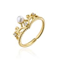 Cubic Zirconia Micro Pave Brass Finger Ring, with Plastic Pearl, gold color plated, Adjustable & micro pave cubic zirconia & for woman, 18mm 