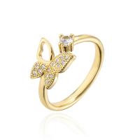 Cubic Zirconia Micro Pave Brass Finger Ring, Butterfly, 18K gold plated, Adjustable & micro pave cubic zirconia & for woman & hollow, 18mm 