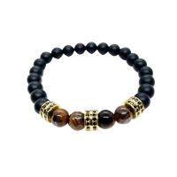 Gemstone Bracelets, Black Agate, with Tiger Eye & Brass, Round, gold color plated, fashion jewelry & Unisex & micro pave cubic zirconia, black, 8mm Approx 7.48 Inch 