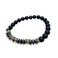 Black Agate Bracelets, with Brass, Round, gold color plated, fashion jewelry & Unisex & anti-fatigue & micro pave cubic zirconia, black, 8mm Approx 7.48 Inch 