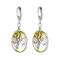 Huggie Hoop Drop Earring, laiton, avec Fleurs séchées & verre, ovale, Placage de couleur platine, bijoux de mode & pour femme, plus de couleurs à choisir Vendu par paire