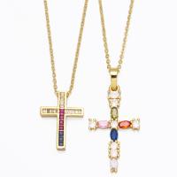 Cubic Zircon Micro Pave Brass Necklace, with Cubic Zirconia, with 1.97 extender chain, Cross, gold color plated mixed colors .32 Inch 