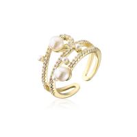 Brass Cuff Finger Ring, with Plastic Pearl, gold color plated, Adjustable & micro pave cubic zirconia & for woman, 18mm 