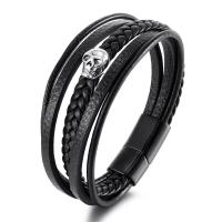 304 Stainless Steel Bracelet, with Leather, Skull, fashion jewelry & for man Approx 8.27 Inch 