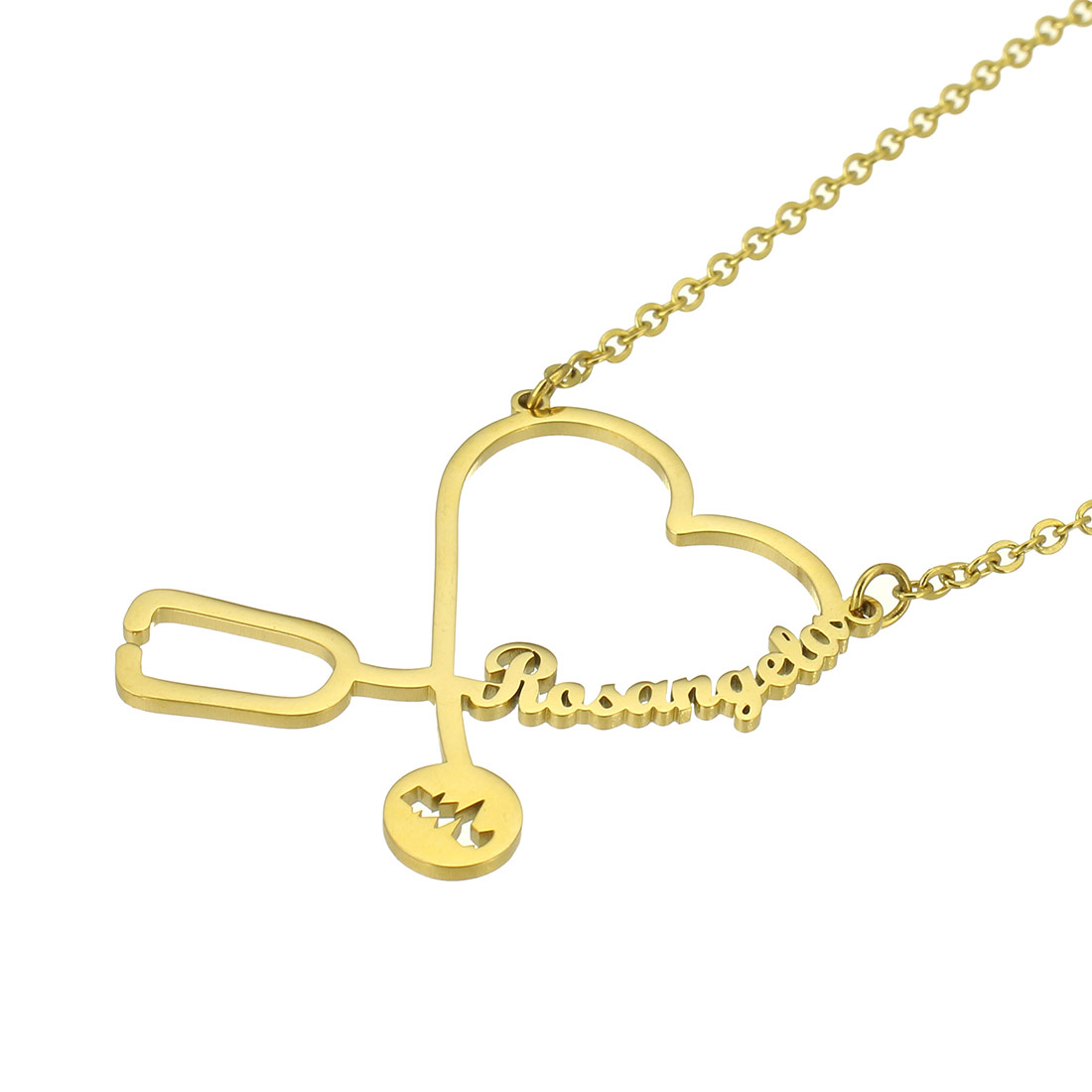 Stainless Steel Jewelry Necklace, 304 Stainless Steel, with 1.97inch extender chain, Vacuum Ion Plating, Each custom text must be less than 10 letters & fashion jewelry & for woman, golden, 33*35mm,2mm, Length:Approx 17.72 Inch, Sold By PC