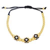 Cubic Zirconia Micro Pave Brass Bracelet, with Polyester Cord, Evil Eye, gold color plated, adjustable & micro pave cubic zirconia & enamel .45 Inch 