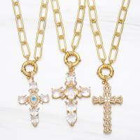 Brass Cubic Zirconia Necklace, with Cubic Zirconia & Shell, Cross, gold color plated & enamel, golden .72 Inch 