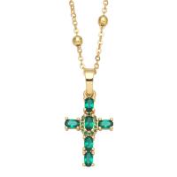 Brass Cubic Zirconia Necklace, with Cubic Zirconia, with 1.97 extender chain, Cross, gold color plated, fashion jewelry .32 Inch 