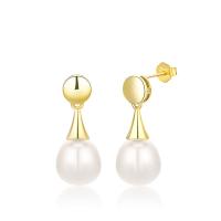 Sterling Silver Pearl Drop Earring, 925 Sterling Silver, with Freshwater Pearl, Round, plated, fashion jewelry & for woman 9mm 