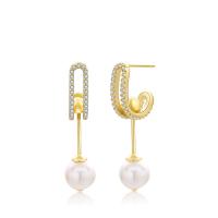 Sterling Silver Pearl Drop Earring, 925 Sterling Silver, with Freshwater Pearl, plated, micro pave cubic zirconia & for woman & hollow 8mm 