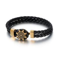 316L Stainless Steel Bracelet, with cowhide cord, gold color plated, for man, black 