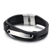 Titanium Steel Bracelet, with cowhide cord, multilayer & for man, black, 210mm 