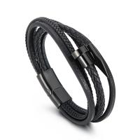 Titanium Steel Bracelet, with cowhide cord, multilayer & for man, black 