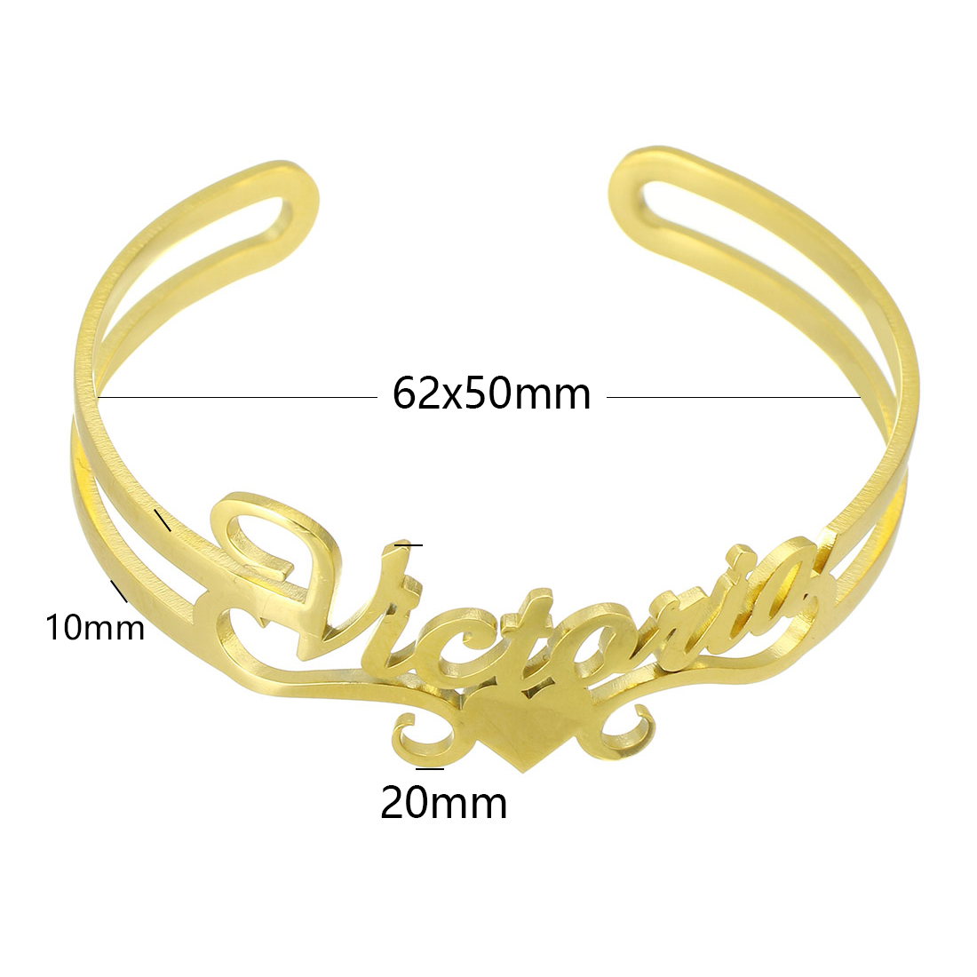 Stainless Steel Cuff Bangle, 304 Stainless Steel, Vacuum Ion Plating, Each custom text must be less than 10 letters & fashion jewelry & for woman, golden, Inner Diameter:Approx 62x50mm, Sold By PC