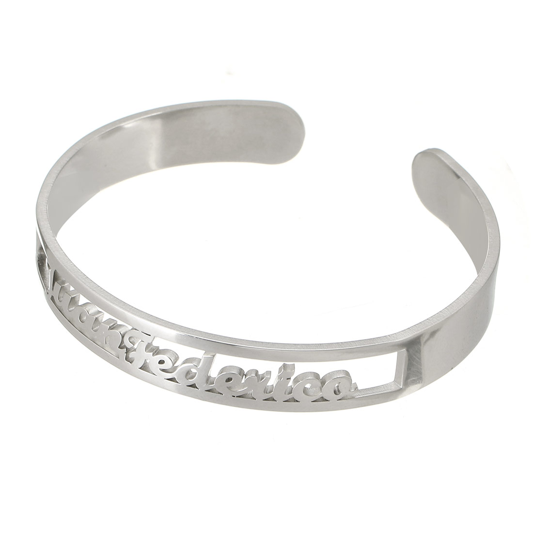 Stainless Steel Cuff Bangle, 304 Stainless Steel, Each custom text must be less than 10 letters & fashion jewelry & for woman, original color, 10mm, Inner Diameter:Approx 58x48mm, Sold By PC