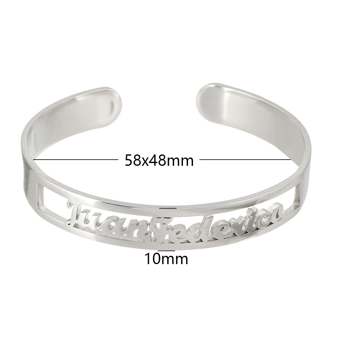 Stainless Steel Cuff Bangle, 304 Stainless Steel, Each custom text must be less than 10 letters & fashion jewelry & for woman, original color, 10mm, Inner Diameter:Approx 58x48mm, Sold By PC