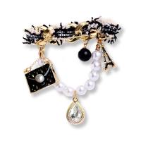 Kunststoff-Perlen-Brosche, Zinklegierung, mit Kunststoff Perlen, goldfarben plattiert, Emaille & mit Strass, schwarz, 65x73mm, verkauft von PC