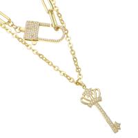 Cubic Zircon Micro Pave Brass Necklace, Lock and Key, gold color plated, micro pave cubic zirconia & for woman Approx 19.5 Inch 