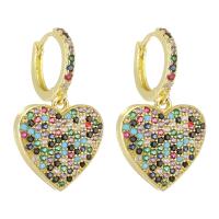 laiton Boucles d'oreilles pendantes Hoop Huggie, coeur, Placage de couleur d'or, pavé de micro zircon & pour femme, multicolore, 31mm, Vendu par paire